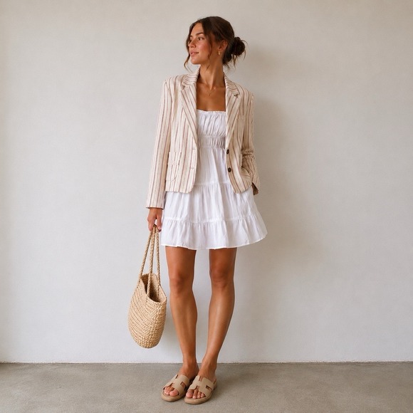 Chico's Jackets & Blazers - Chicos 100% Linen Blazer Size M Striped Cream Long Sleeve Relaxed Coastal Scandi